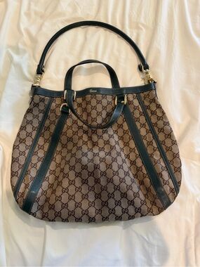 Gucci Brown Monogram Canvas Tote with Green Trim